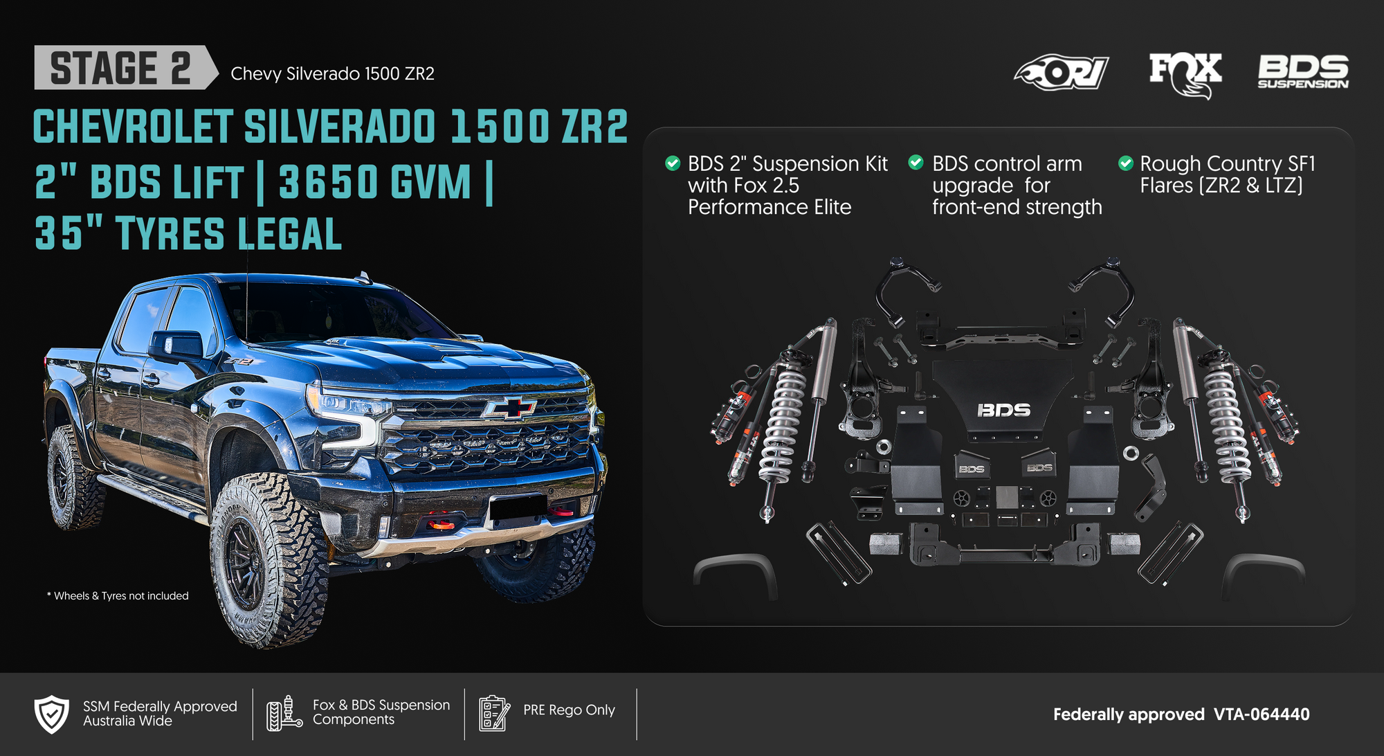<strong>Stage 2 ZR2: 2-Inch Lift on 35s (3650kg GVM + GCM 8150kg)</strong>