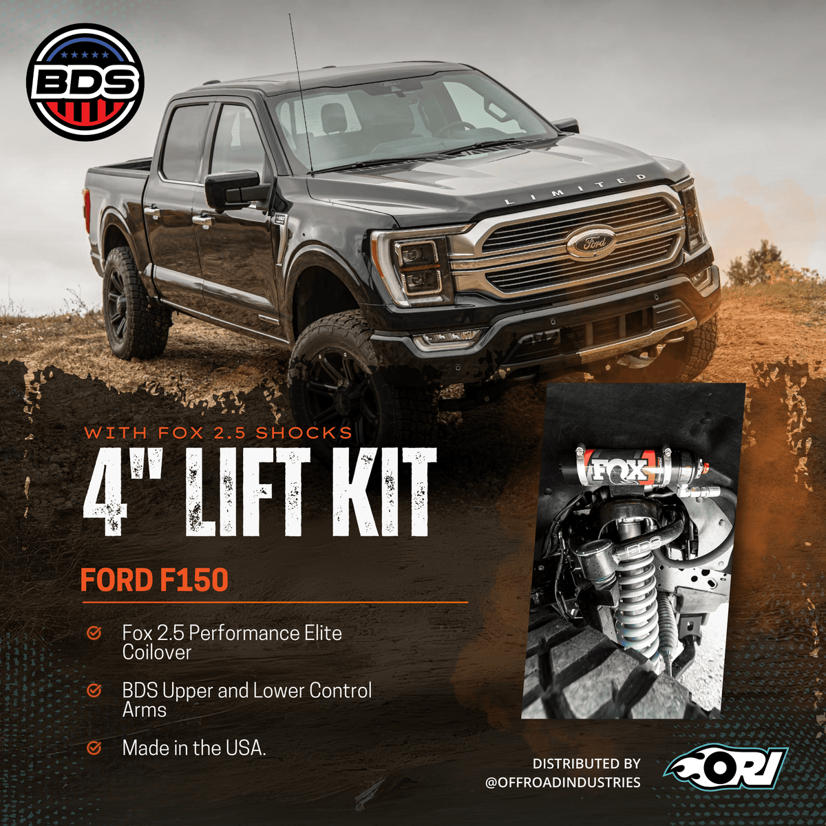 BDS 4 Inch Lift Kit | FOX 2.5 Performance Elite Coil - Over | Ford F150 (21 - 25) - Offroad Industries